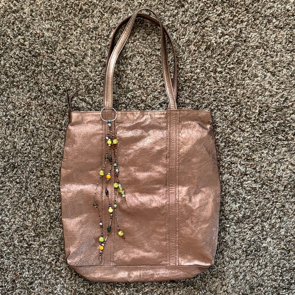 J. Jill Bronze Leather Elegant Large Purse Tote Bag w/ Bead Charm, Boho Boutique